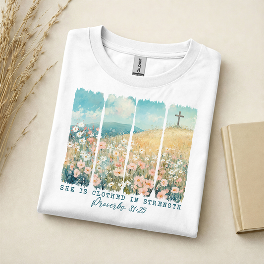 She Is Clothed in Strength Floral Meadow Graphic Tee - Adult