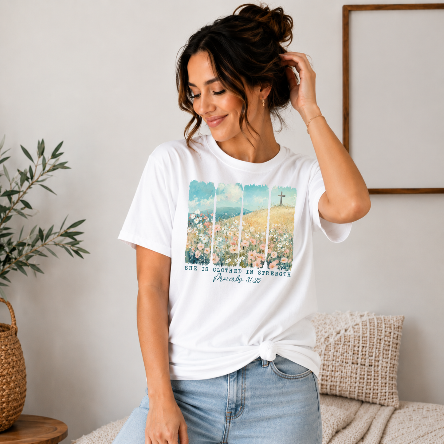 She Is Clothed in Strength Floral Meadow Graphic Tee - Adult