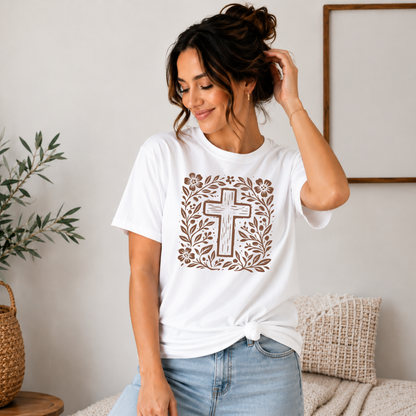 Floral Cross Faith Graphic Tee - Adult