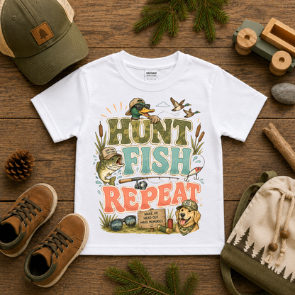 Hunt Fish Repeat Kids Graphic Tee