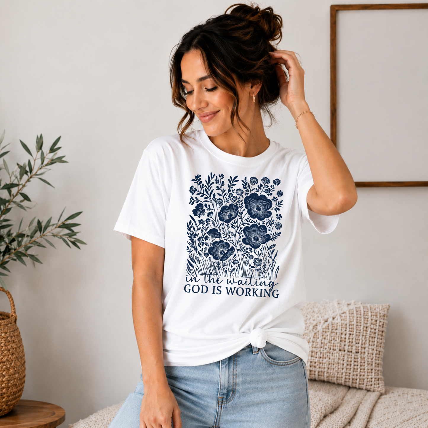 In the Waiting God Is Working Floral Faith Graphic Tee - Adult