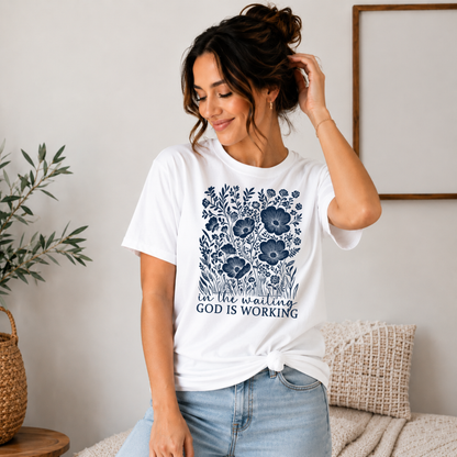 In the Waiting God Is Working Floral Faith Graphic Tee - Adult