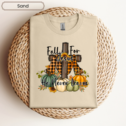Fall For Jesus He Never Leaves Graphic Tee - Adult
