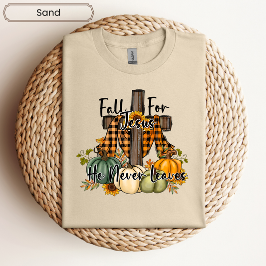 Fall For Jesus He Never Leaves Graphic Tee - Adult