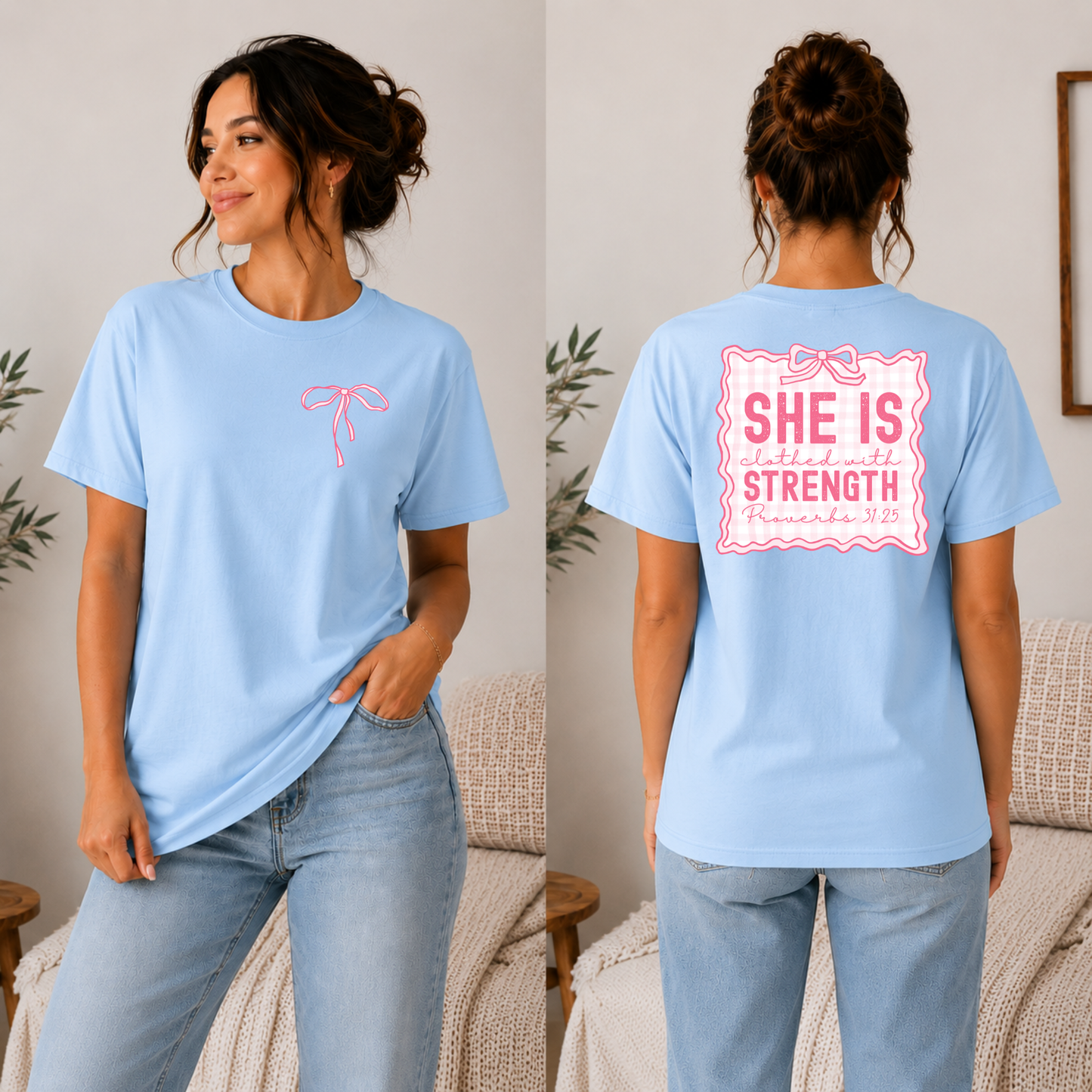 She Is Clothed in Strength Coquette Bow Graphic Tee - Adult